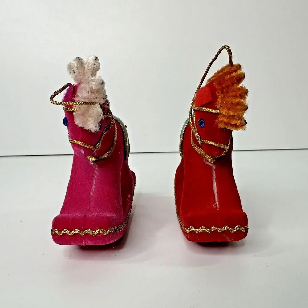 2 Vtg Rocking Horse Flocked Christmas Ornaments Kitschy Red Pink Pipe Cleaner 4